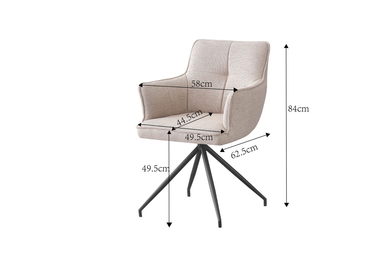Beiger Armlehnstuhl mit schwarzem Metallgestell, seitliche Perspektive
