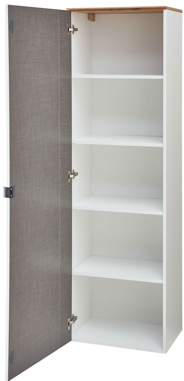 Weißer Garderobenschrank mit geöffneter Tür, vier Einlegeböden und Holzoberfläche, seitliche Perspektive