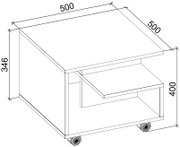 Isometrische Perspektive: quadratischer Beistell- oder Couchtisch auf Rollen mit versetzter Ablageplatte, Maße ca. 500 x 500 mm, Höhe ca. 400 mm (seitlich 346 mm), technische Maßzeichnung