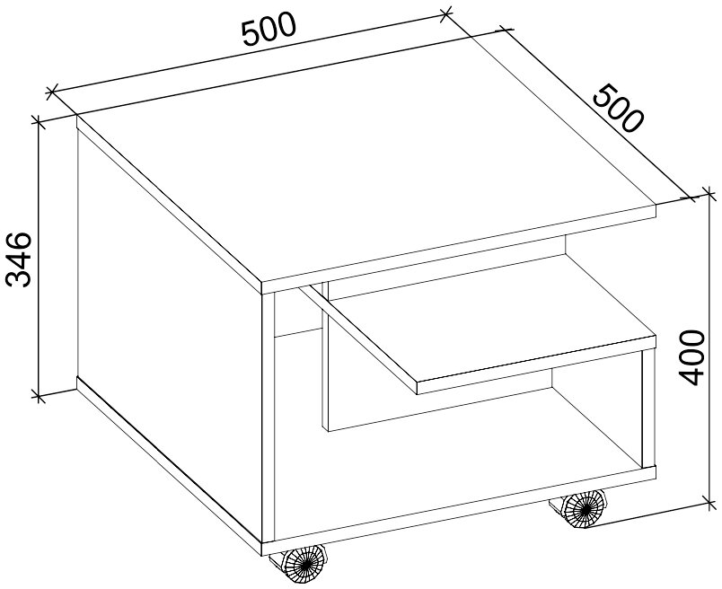 Isometrische Perspektive: quadratischer Beistell- oder Couchtisch auf Rollen mit versetzter Ablageplatte, Maße ca. 500 x 500 mm, Höhe ca. 400 mm (seitlich 346 mm), technische Maßzeichnung