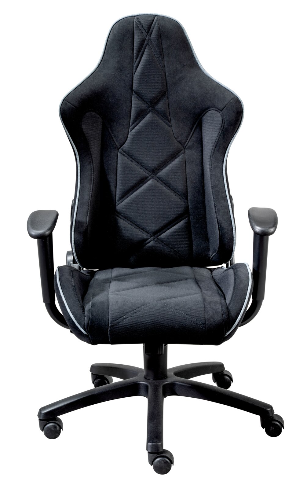 Zwarte gamingstoel met ergonomisch ontwerp, vooraanzicht