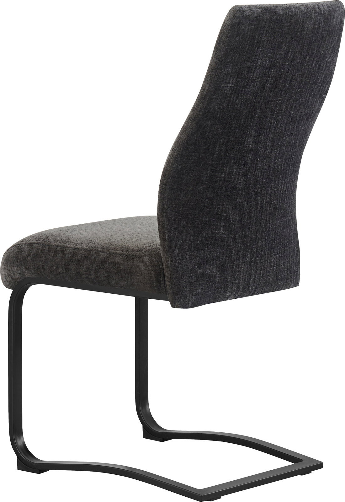 Dunkelgrauer Polsterstuhl mit hoher Rückenlehne und schwarzem Freischwinger-Metallgestell, seitliche Ansicht vor weißem Hintergrund