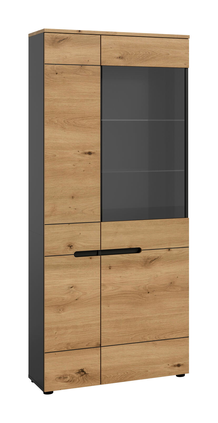 MID.YOU Vitrine CANU Moderner Vitrinenschrank in Eiche-Optik mit anthrazitfarbenem Korpus, großem dunklen Glaseinsatz und schwarzem Griff, freigestellt in frontaler Ansicht mit leichter Links-Perspektive.