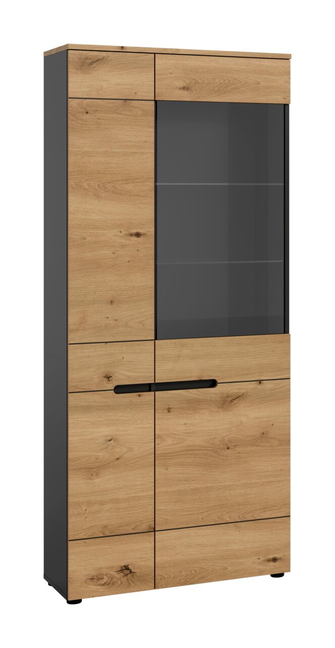 MID.YOU Vitrine CANU Moderner Vitrinenschrank in Eiche-Optik mit anthrazitfarbenem Korpus, großem dunklen Glaseinsatz und schwarzem Griff, freigestellt in frontaler Ansicht mit leichter Links-Perspektive.
