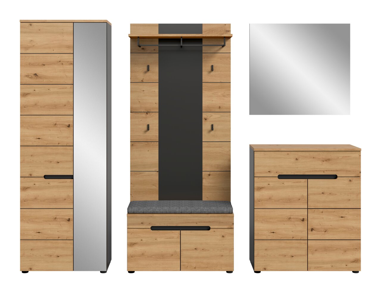 Garderobenmöbel-Set in Eiche-Optik mit schwarzer Rückwand und Griffleisten, bestehend aus Hochschrank, Garderobenpaneel mit Sitzbank und Kommode sowie quadratischem Spiegel, frontale Ansicht