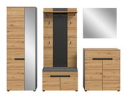 Garderobenmöbel-Set in Eiche-Optik mit schwarzer Rückwand und Griffleisten, bestehend aus Hochschrank, Garderobenpaneel mit Sitzbank und Kommode sowie quadratischem Spiegel, frontale Ansicht