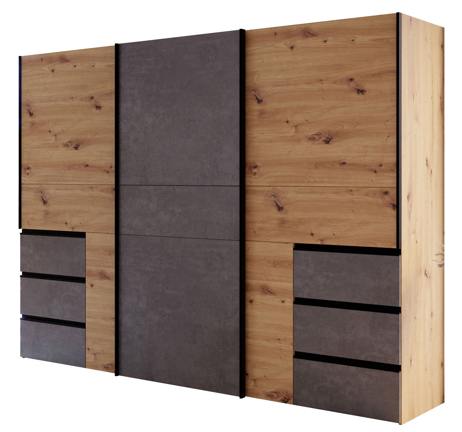 Moderner dreitüriger Schwebetürenschrank in Holzoptik mit grauen Akzenten, seitliche Perspektive