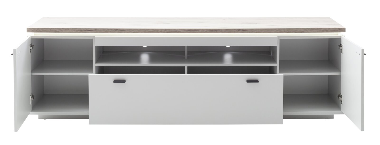 Modern tv-lowboard in wit met een blad in houtlook, open deuren en een uitschuifbare lade, voorzien van vakken en ledverlichting, gezien vanaf de voorkant vanuit een licht verhoogd perspectief