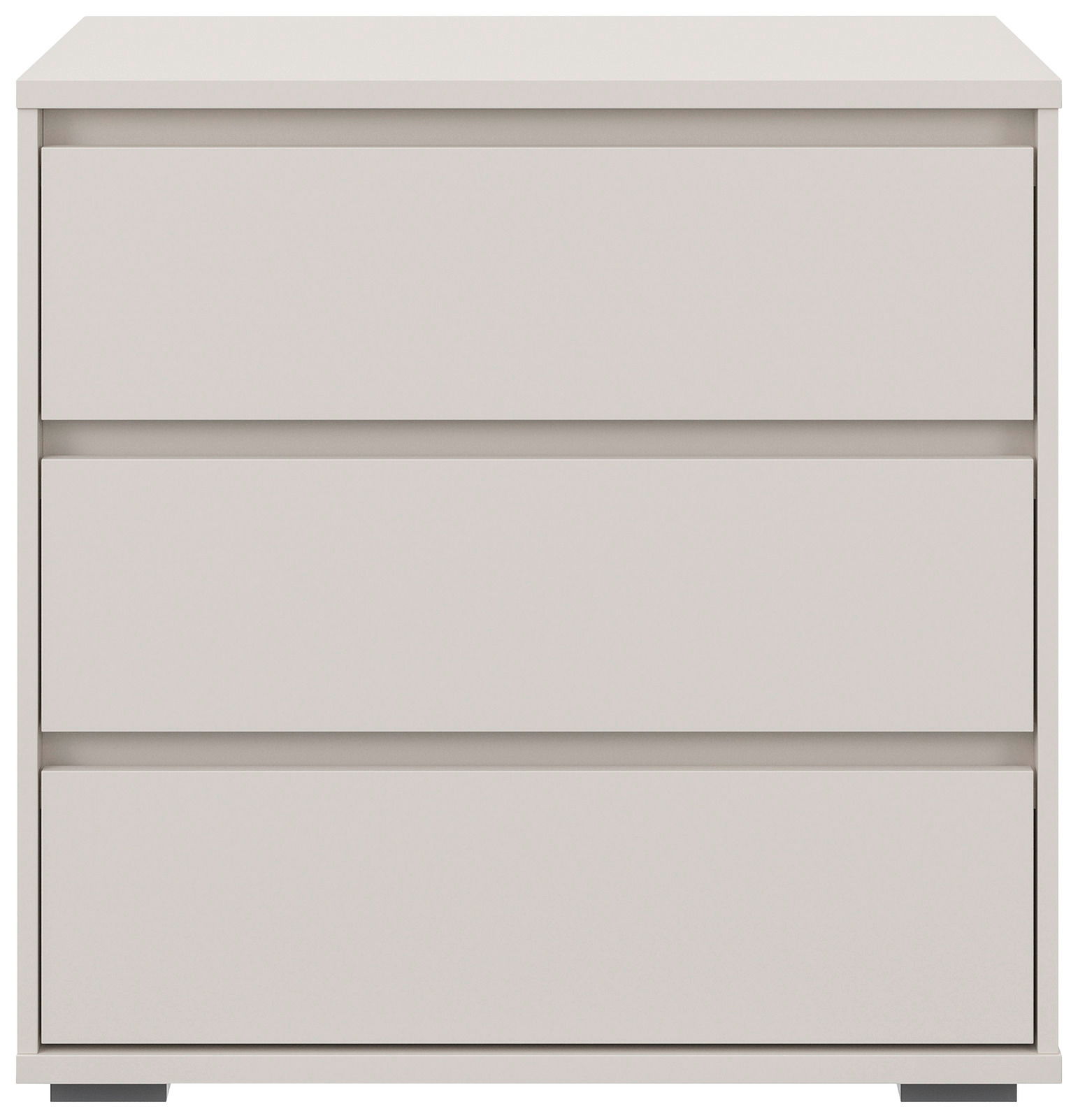 Weiße Kommode mit drei Schubladen, frontale Ansicht