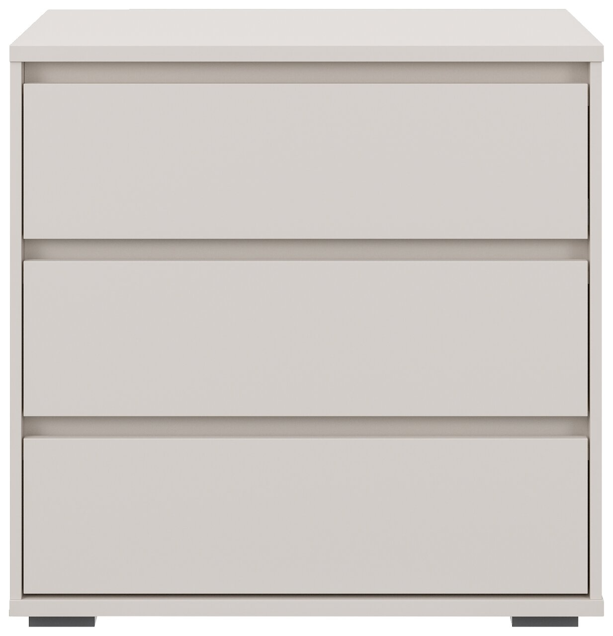 Weiße Kommode mit drei Schubladen, frontale Ansicht