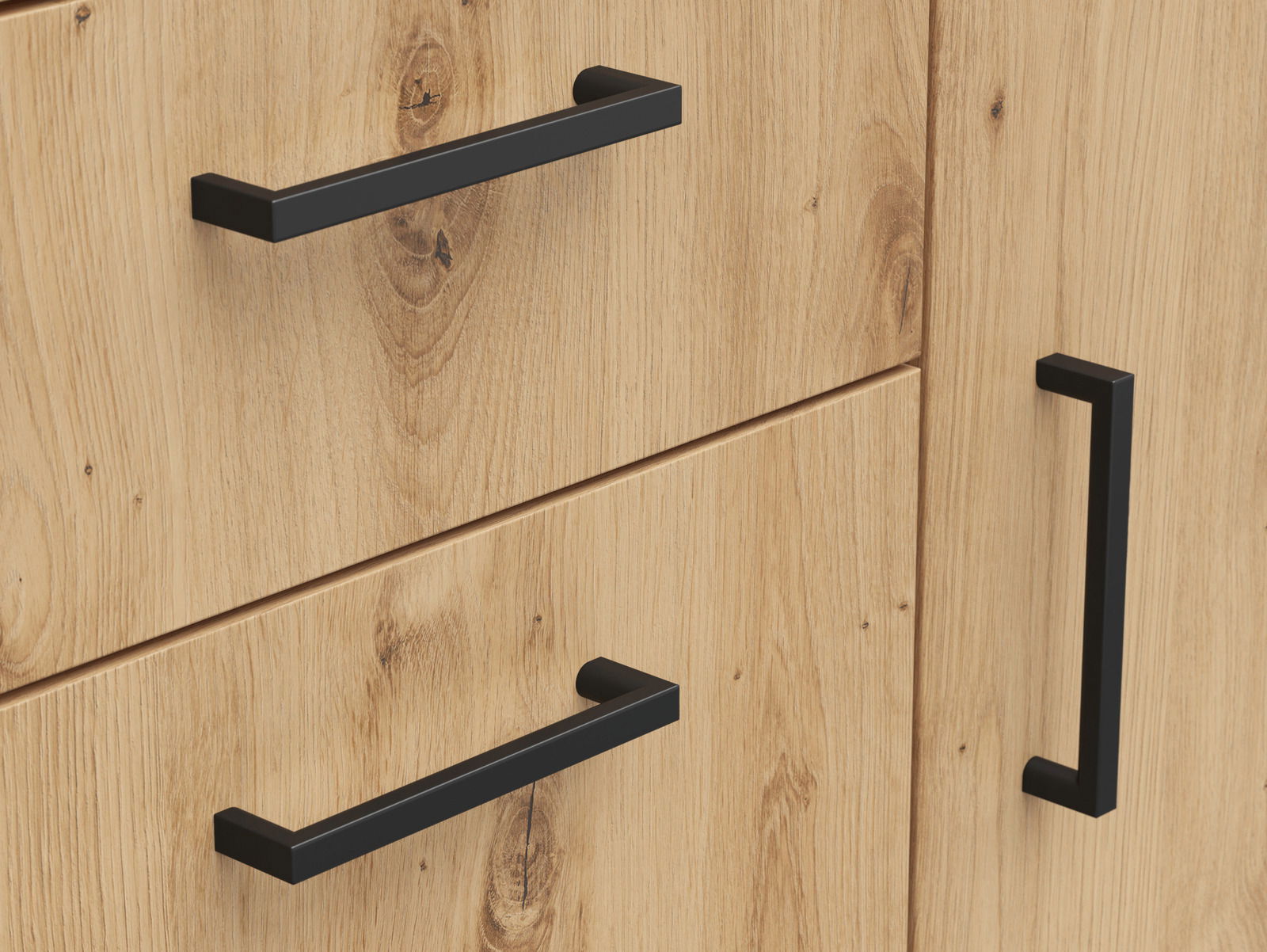Carryhome Kommode MULTISTAURAUM Nahaufnahme einer Kommode aus hellem Holz mit schwarzen Griffen, seitliche Perspektive