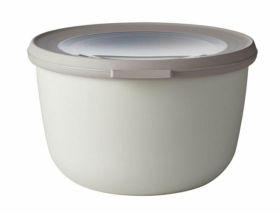 Runde, cremefarbene Schüssel mit transparentem Deckel, seitliche Perspektive