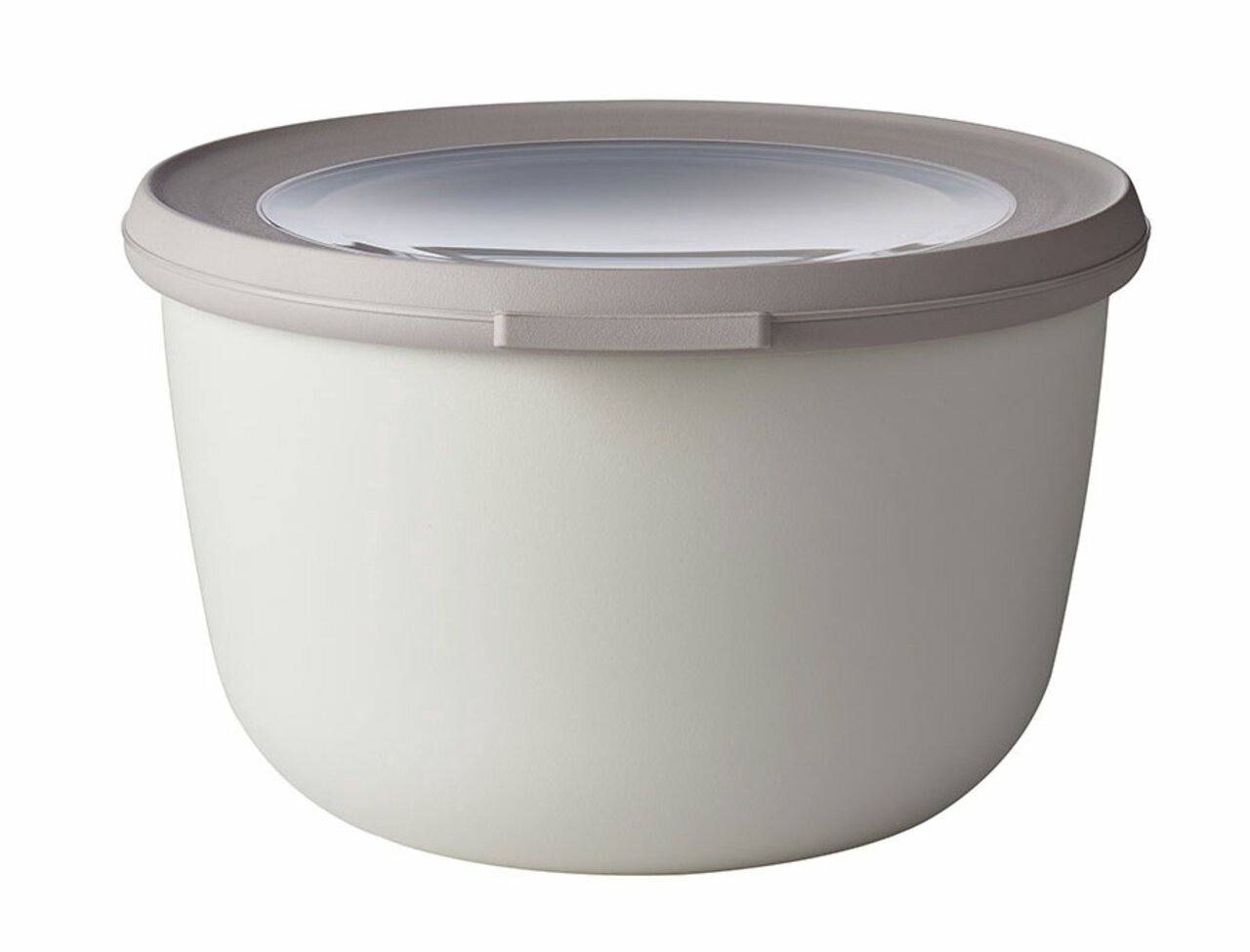 Runde, cremefarbene Schüssel mit transparentem Deckel, seitliche Perspektive
