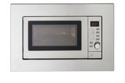 Eingebaute Mikrowelle in Edelstahloptik, Frontansicht mit digitalem Display und Bedienknöpfen.