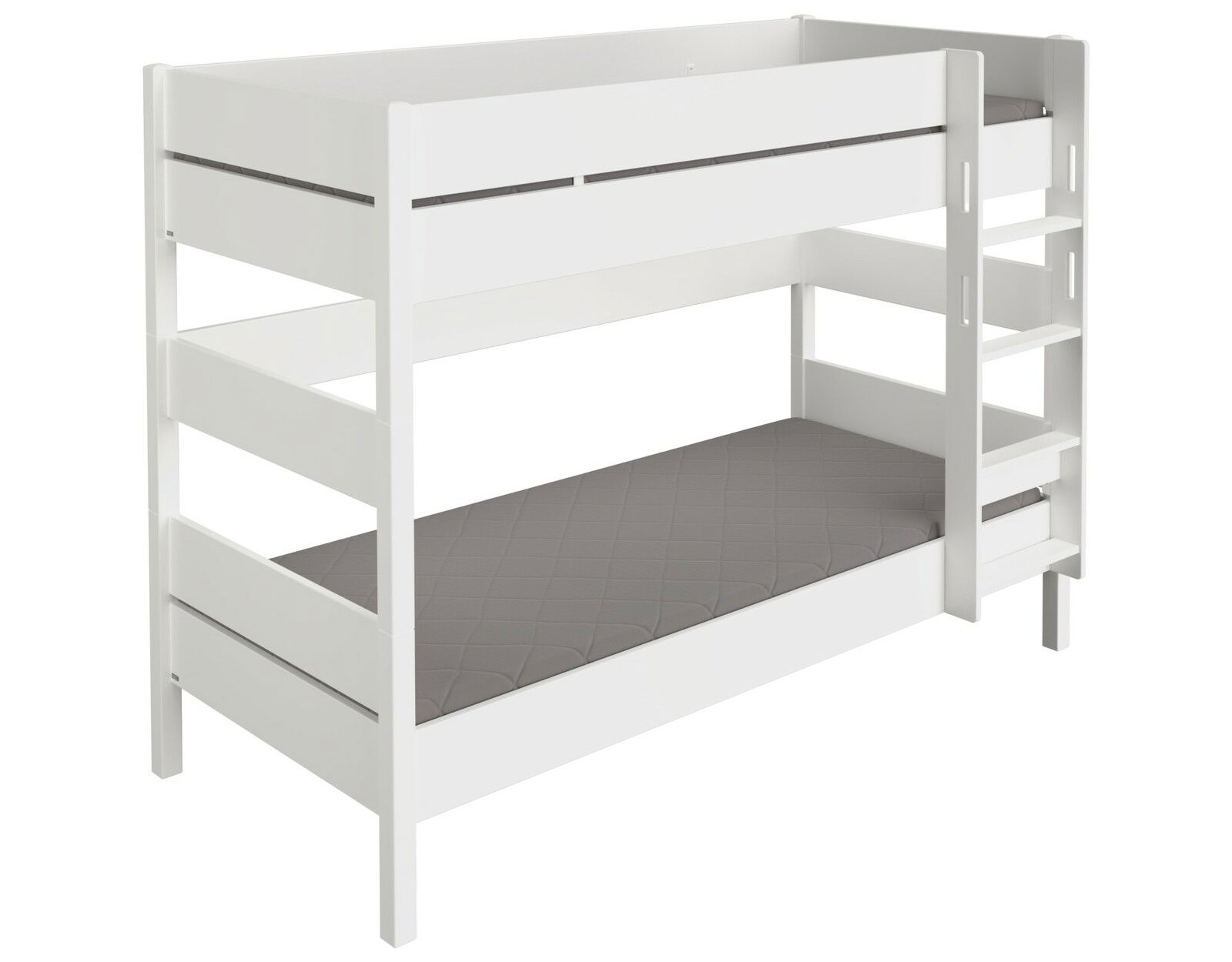 Weißes Etagenbett mit grauen Matratzen, seitliche Perspektive