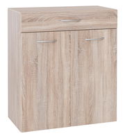 Wäschekommode aus Holz in heller Eichenoptik mit zwei Türen und einer Schublade, frontale Perspektive