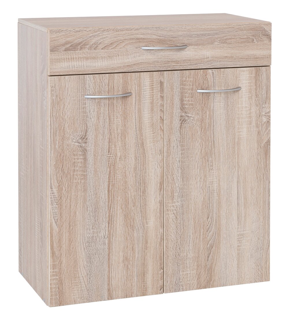 Wäschekommode aus Holz in heller Eichenoptik mit zwei Türen und einer Schublade, frontale Perspektive