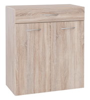 Wäschekommode aus Holz in heller Eichenoptik mit zwei Türen und einer Schublade, frontale Perspektive