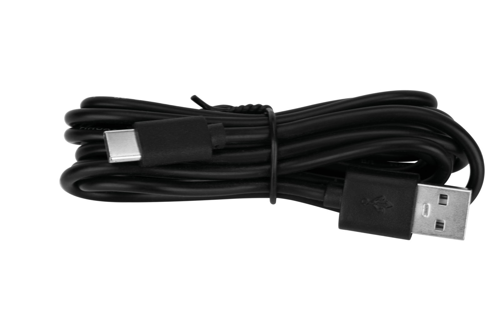 Schwarzes USB-Kabel mit USB-A und USB-C Anschlüssen, seitliche Perspektive