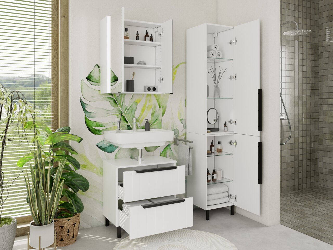 Moderne witte wastafelkast met open lades, omringd door planten, in een stijlvolle badkamer met natuurlijk licht, gezien vanuit de zijkant.