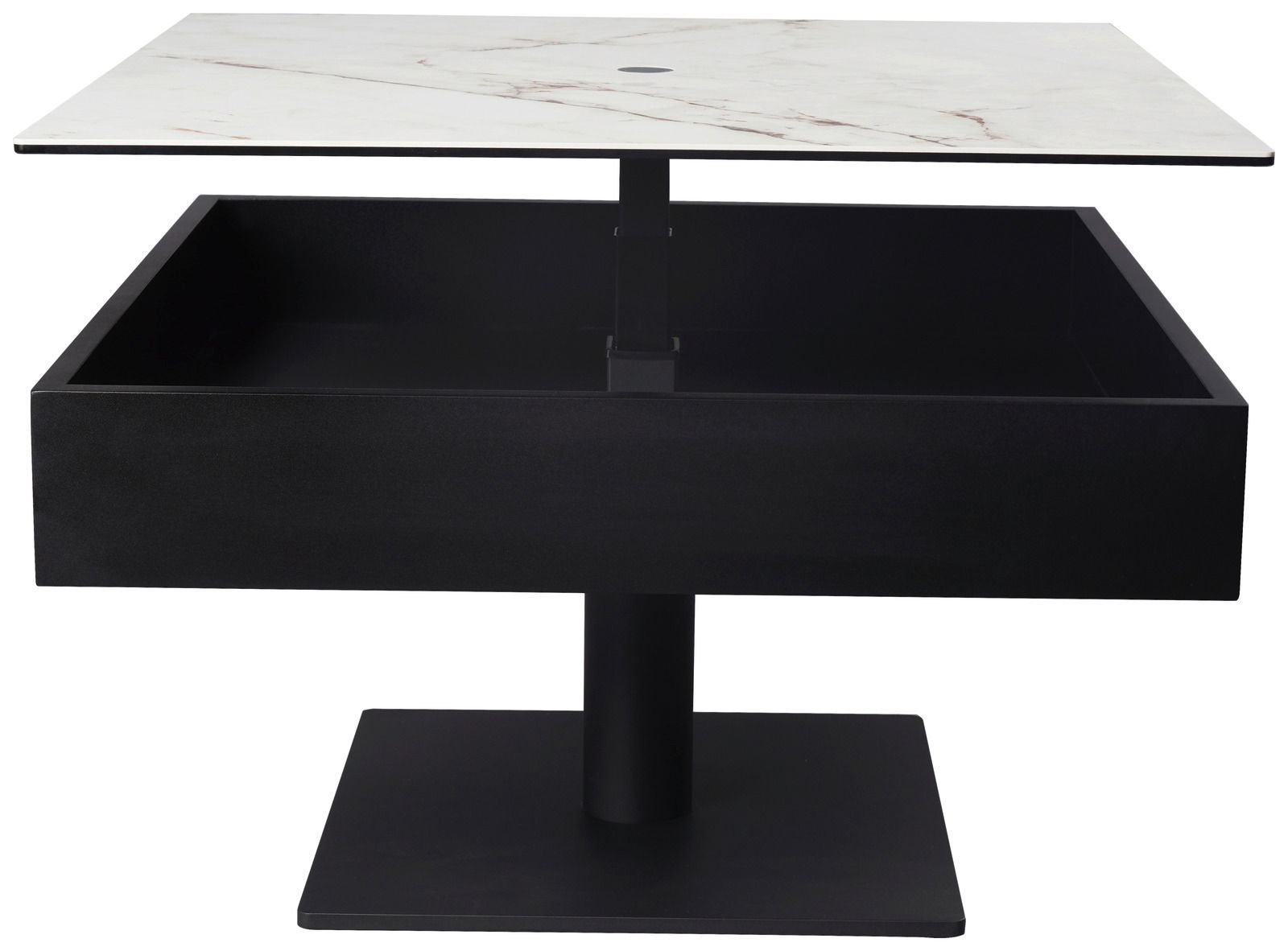 Moderner Couchtisch mit schwarzem Untergestell und weißer Marmorplatte, seitliche Perspektive.