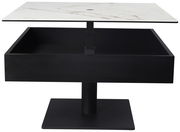 Moderner Couchtisch mit schwarzem Untergestell und weißer Marmorplatte, seitliche Perspektive.