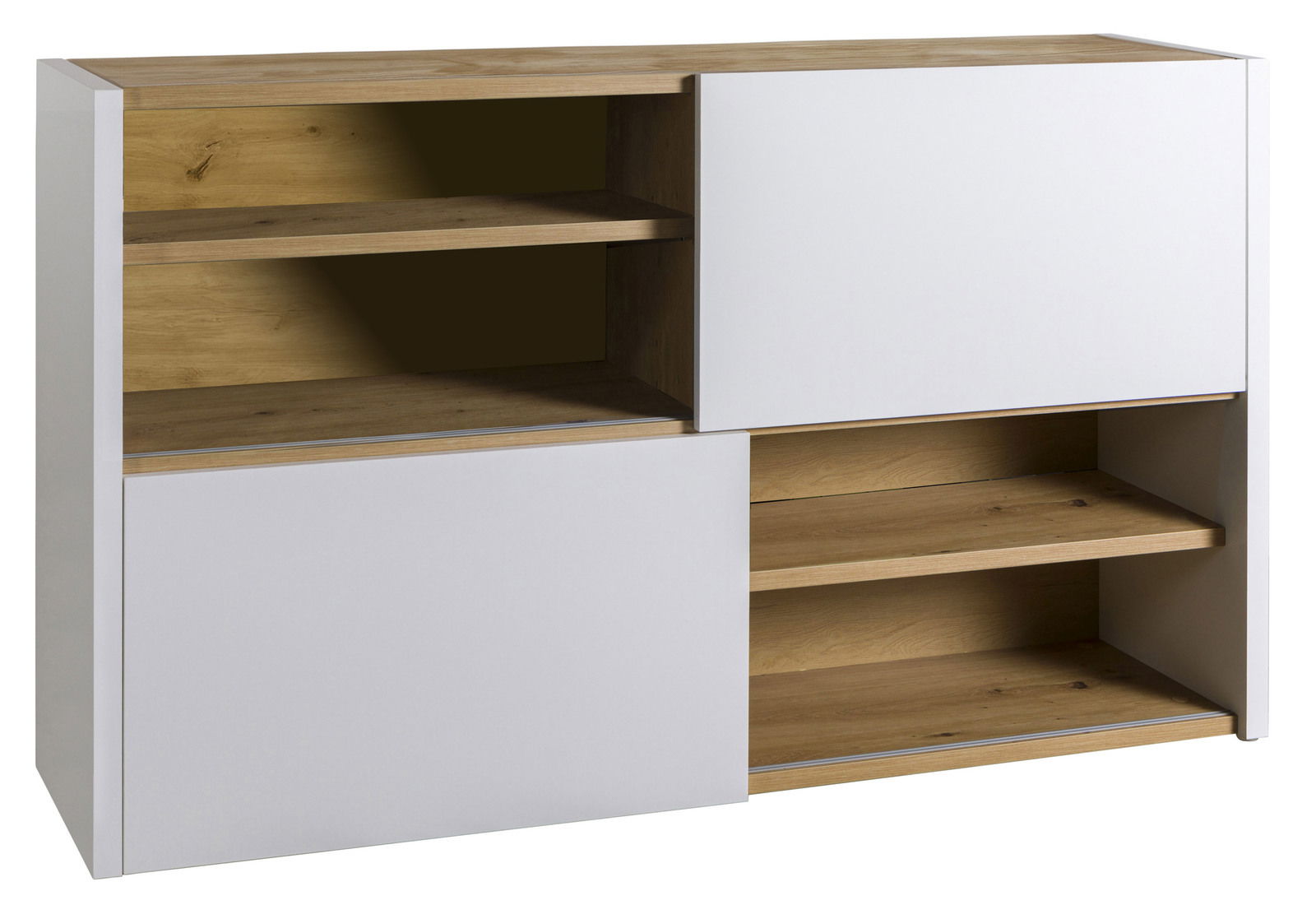 XORA Sideboard PUNTO 2.0 Modernes Sideboard mit weißer Front und Holzelementen, seitliche Perspektive