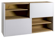 Modernes Sideboard mit weißer Front und Holzelementen, seitliche Perspektive