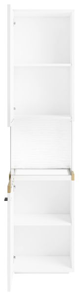 Weiße Vitrine mit offenen Türen, frontal betrachtet, mit mehreren Regalböden.