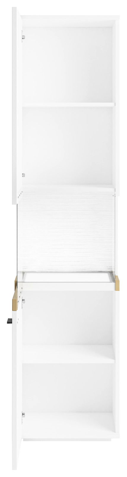 Weiße Vitrine mit offenen Türen, frontal betrachtet, mit mehreren Regalböden.
