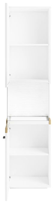 Weiße Vitrine mit offenen Türen, frontal betrachtet, mit mehreren Regalböden.