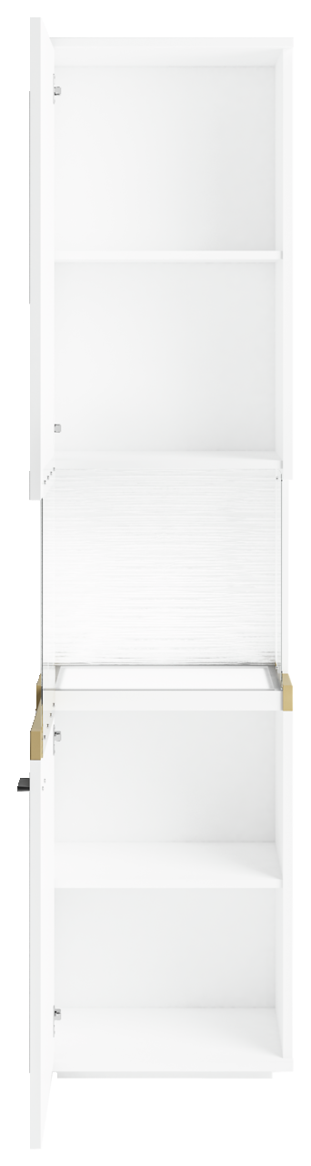 Set one by Musterring Vitrine links SET ONE LANCASTER Weiße Vitrine mit offenen Türen, frontal betrachtet, mit mehreren Regalböden.