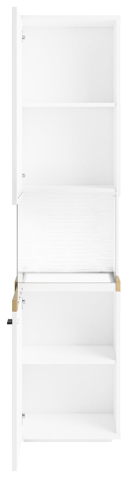 Set one by Musterring Vitrine links SET ONE LANCASTER Weiße Vitrine mit offenen Türen, frontal betrachtet, mit mehreren Regalböden.