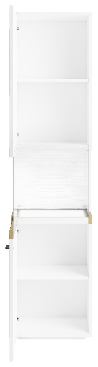 Set one by Musterring Vitrine links SET ONE LANCASTER Weiße Vitrine mit offenen Türen, frontal betrachtet, mit mehreren Regalböden.