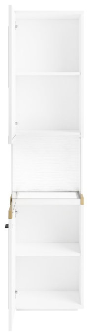 Weiße Vitrine mit offenen Türen, frontal betrachtet, mit mehreren Regalböden.