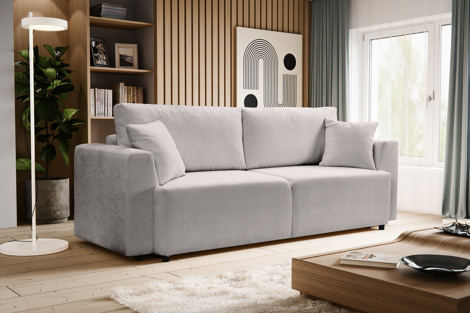 MID.YOU Schlafsofa POINT Hellgraues, modernes 3-Sitzer-Sofa mit breiten Armlehnen und zwei Rückenkissen im Wohnzimmer, fotografiert in frontaler leicht seitlicher Perspektive.