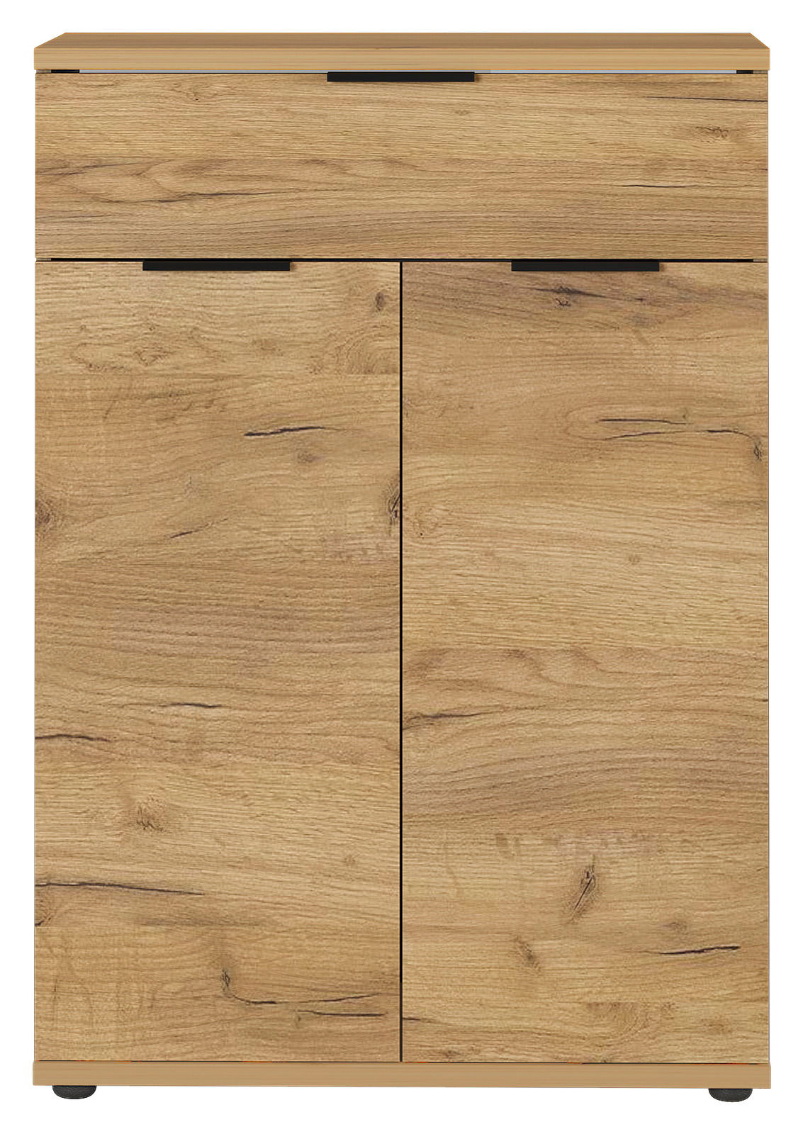 Schuhschrank aus Holz in Frontansicht mit zwei Türen und einer Schublade