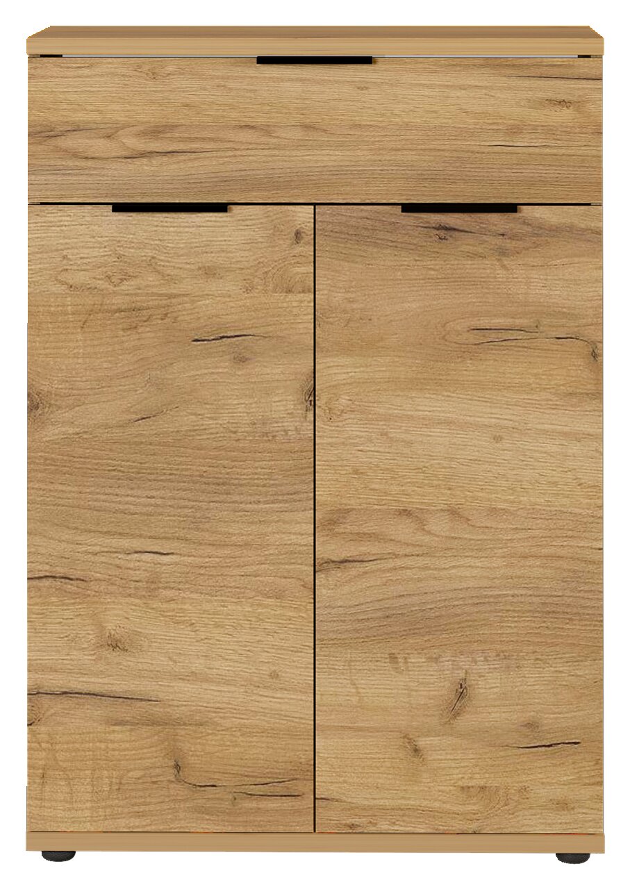 Schuhschrank aus Holz in Frontansicht mit zwei Türen und einer Schublade