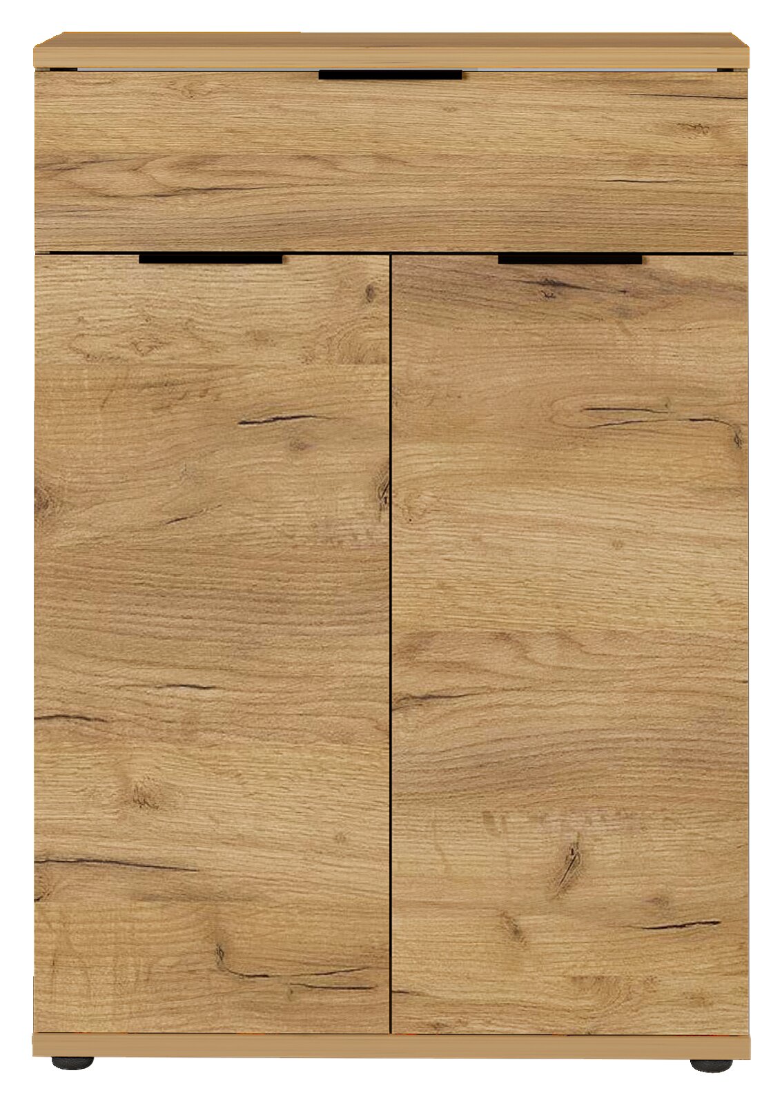 Schuhschrank aus Holz in Frontansicht mit zwei Türen und einer Schublade