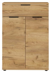 Schuhschrank aus Holz in Frontansicht mit zwei Türen und einer Schublade