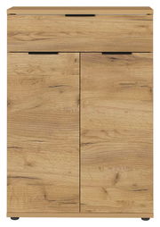 Schuhschrank aus Holz in Frontansicht mit zwei Türen und einer Schublade