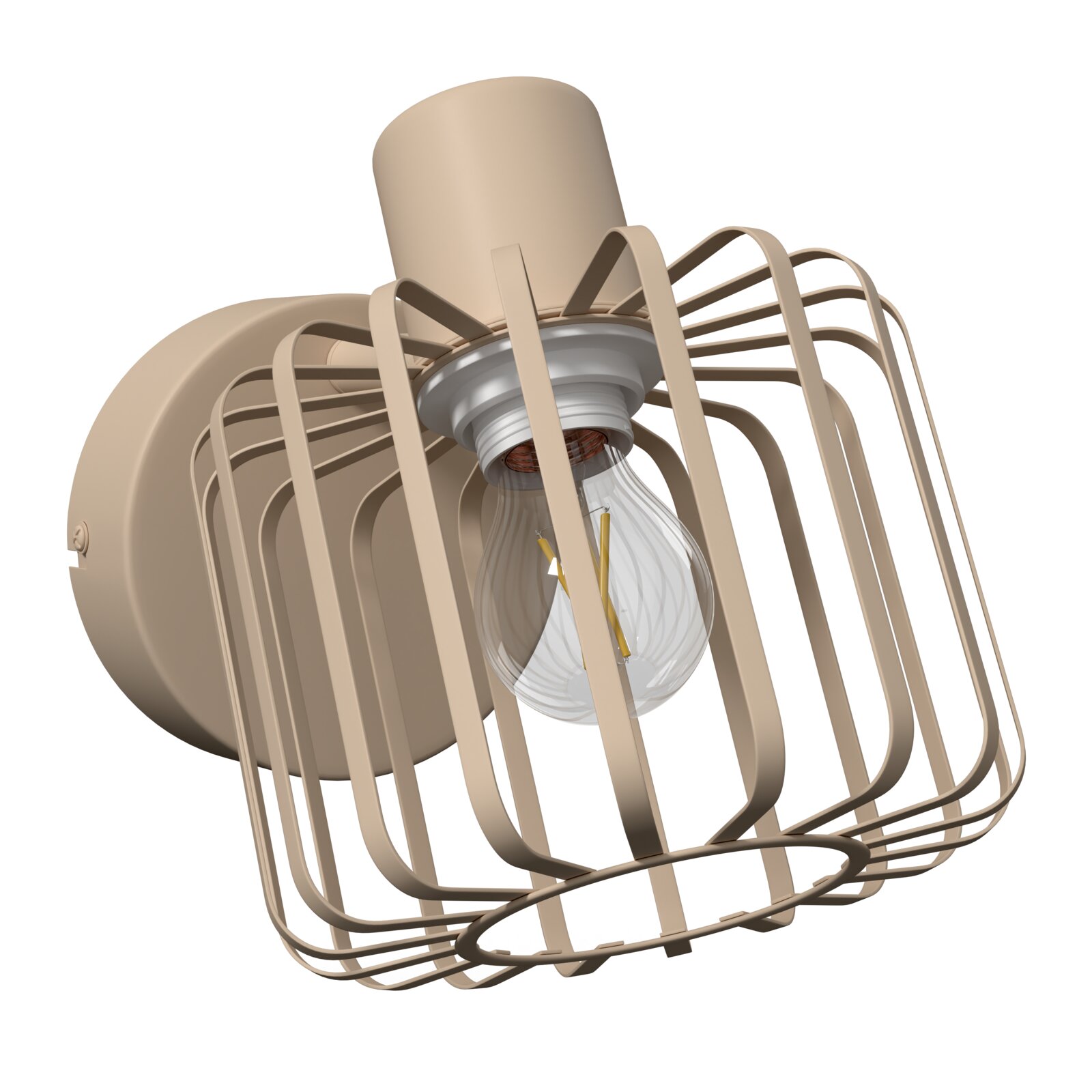 Beige Wandlampe mit Metallgitter-Schirm und sichtbarer LED-Glühbirne, schräg von unten in Nahaufnahme fotografiert.
