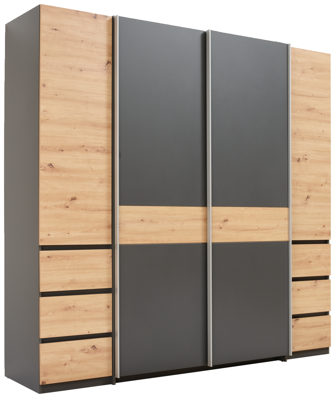 Moderner Dreh- und Schwebetürenschrank mit vier Türen in Holzoptik und grauen Elementen, seitliche Perspektive
