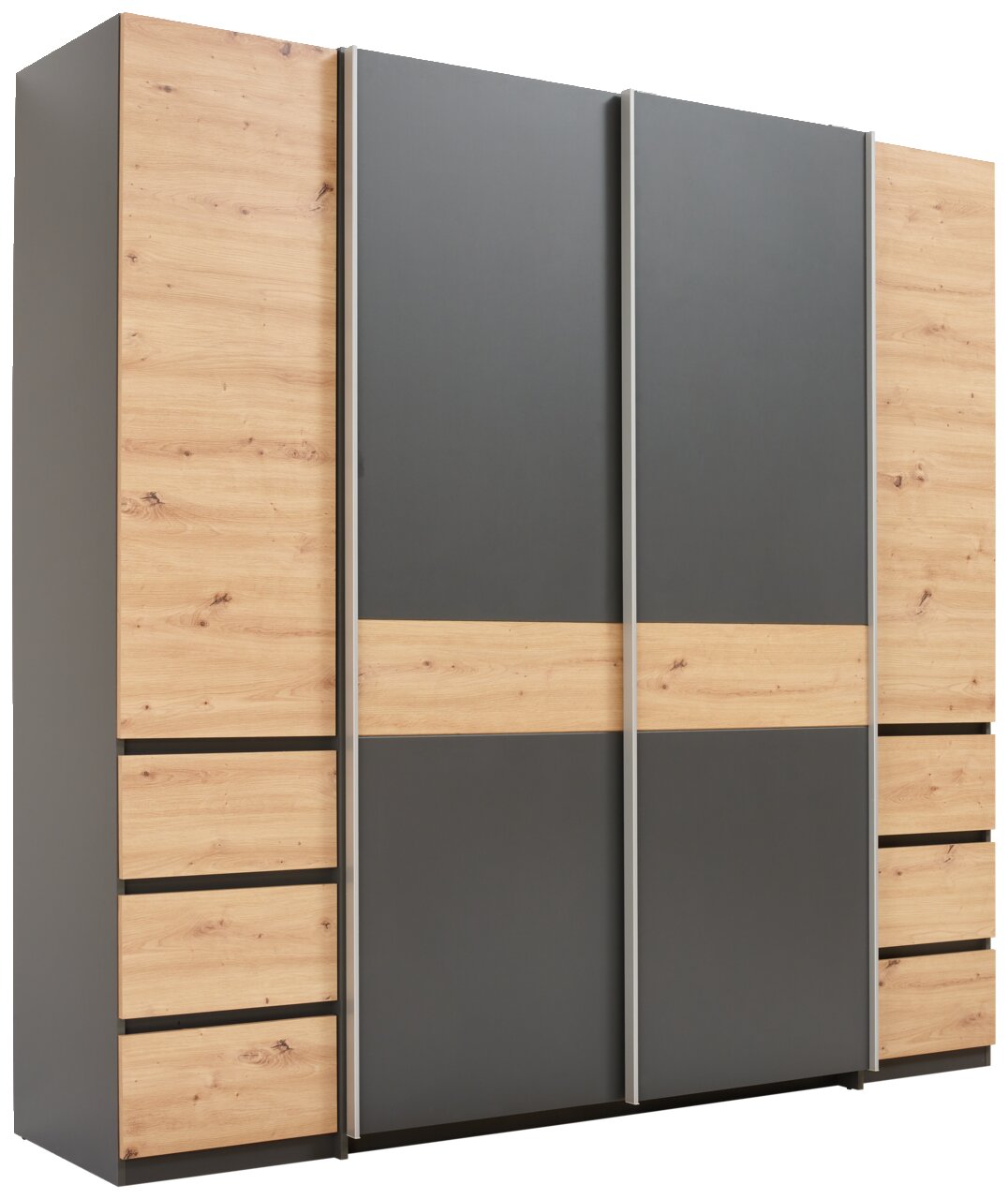 Z2 Dreh-/Schwebetürenschrank 4trg FABIO Moderner Dreh- und Schwebetürenschrank mit vier Türen in Holzoptik und grauen Elementen, seitliche Perspektive