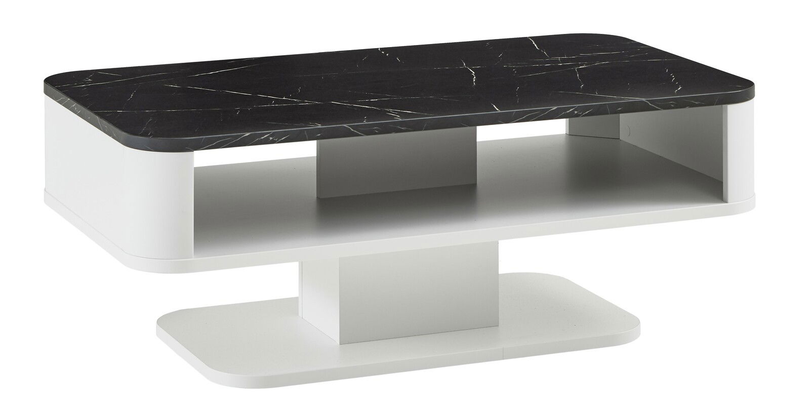 Zurbrüggen Salontafel WAVE Moderner Couchtisch mit schwarzer Marmoroptik-Oberfläche und weißem Untergestell, seitliche Perspektive