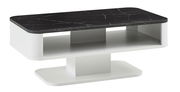 Moderner Couchtisch mit schwarzer Marmoroptik-Oberfläche und weißem Untergestell, seitliche Perspektive