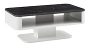 Moderner Couchtisch mit schwarzer Marmoroptik-Oberfläche und weißem Untergestell, seitliche Perspektive