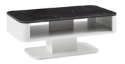 Moderner Couchtisch mit schwarzer Marmoroptik-Oberfläche und weißem Untergestell, seitliche Perspektive