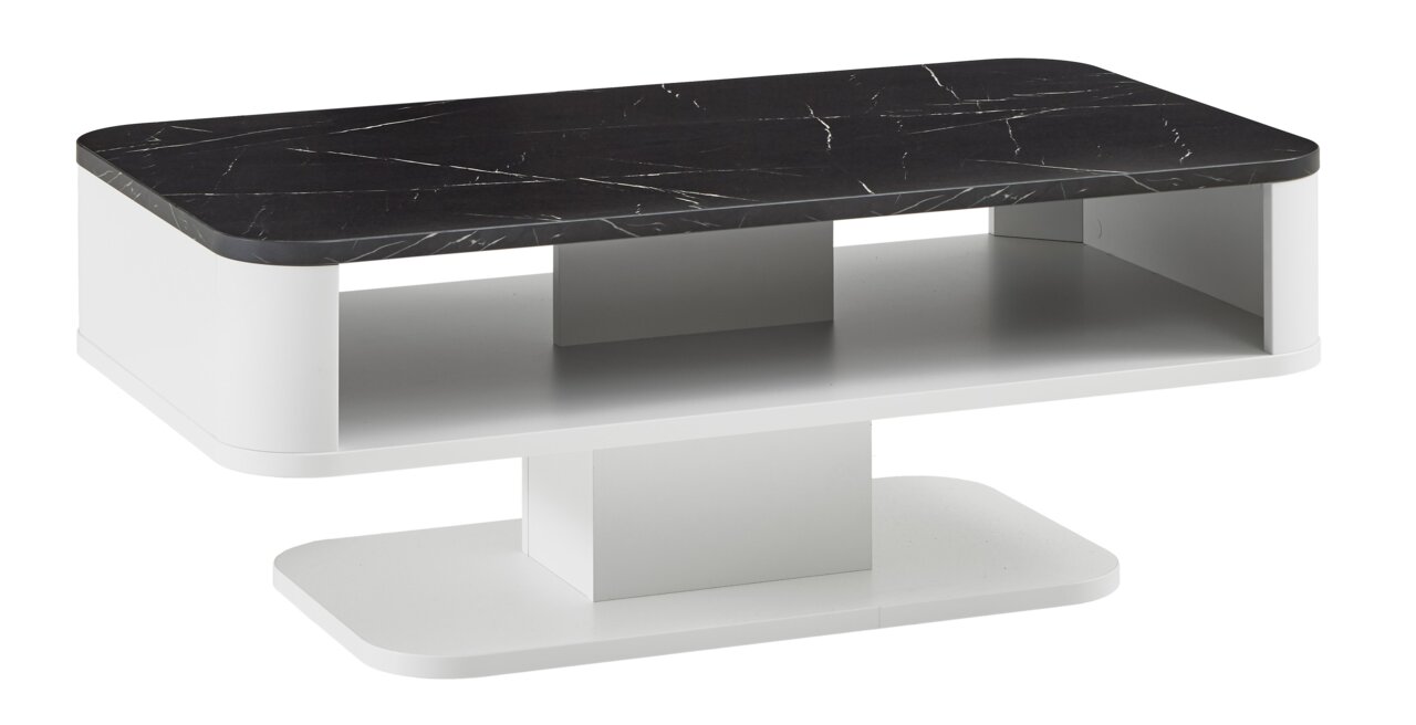 Moderne salontafel met een blad in zwarte marmerlook en een wit onderstel, zijaanzicht