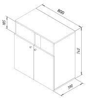 Technische isometrische Zeichnung eines zweitürigen Schranks/Unterschranks mit Griffen, Maße ca. 800 mm Breite, 390 mm Tiefe und 740 mm Höhe, Perspektive: schräg von oben vorne (3D-Ansicht).
